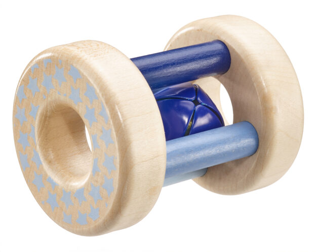 Sternchenflitzer, eine blaue rollende Holzrassel mit Glöckchen von bellybutton